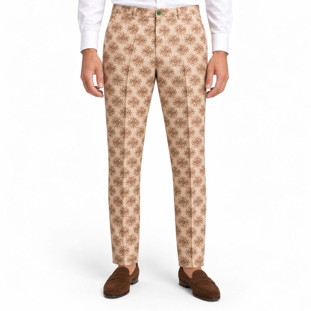 Mens 36 Cream Brown Floral Block Print Cotton Slim Fit Dress Pants Trousers NWT